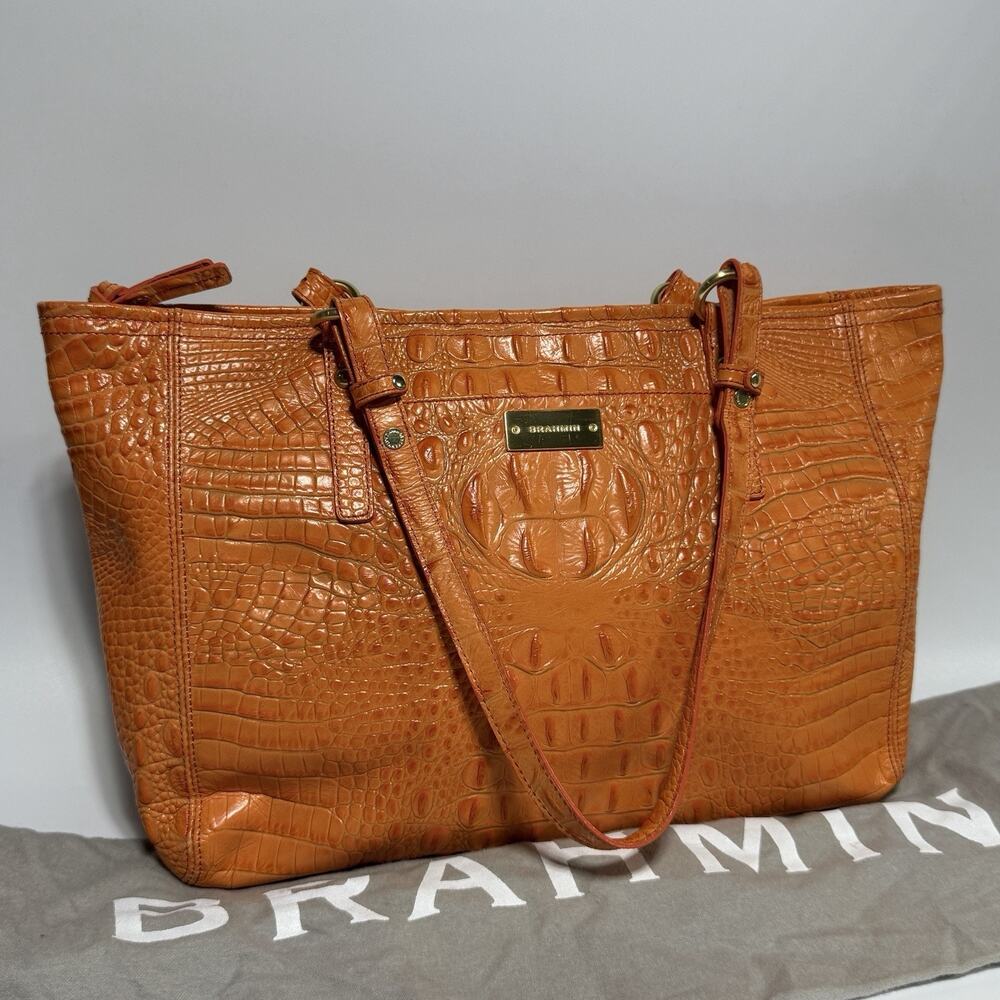 Brahmin Medium Arno Tote Croc Embossed Patent Leather Orange RARE 16"